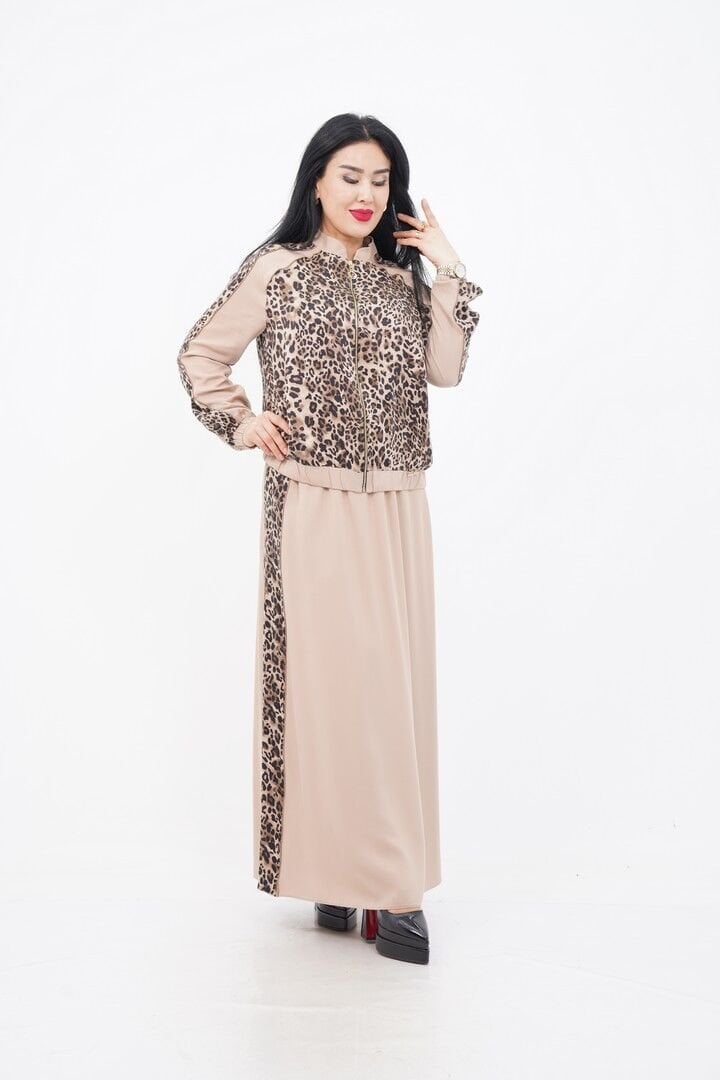 Taş Şerit Detaylı Leopar Desen Ceket Etek Takım Bej - 40-48