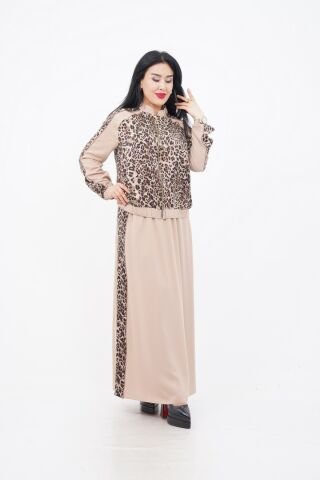 Taş Şerit Detaylı Leopar Desen Ceket Etek Takım Bej - 40-48
