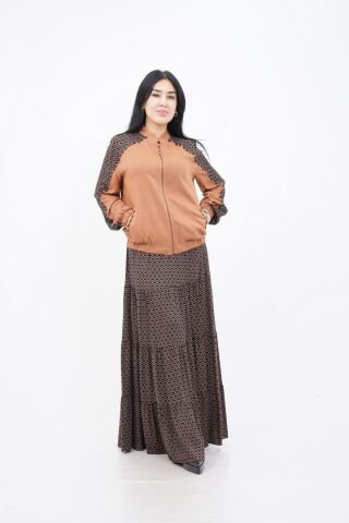 Boncuk İşlemeli Katmanlı Ceket Etek Takım Camel - 40-48