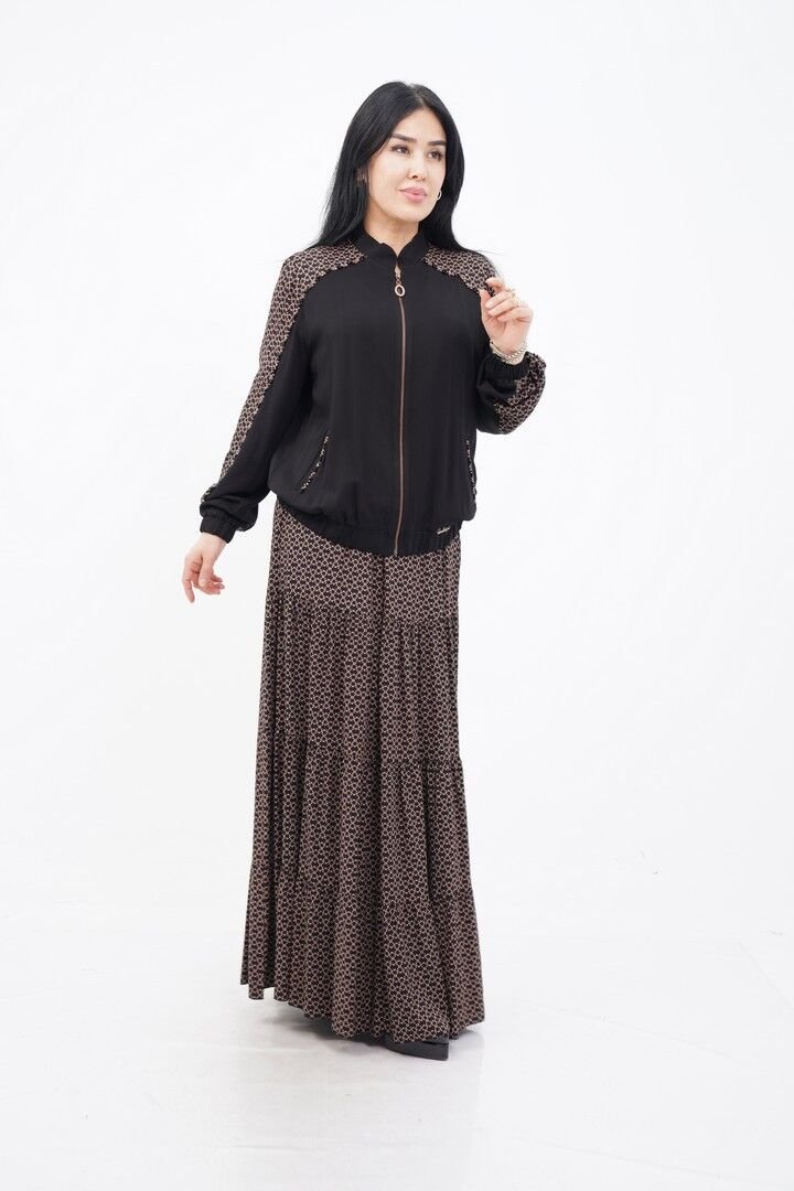 Boncuk İşlemeli Katmanlı Ceket Etek Takım Siyah Camel - 40-48