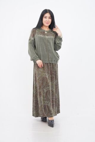 Payet Detaylı  Fermuarlı Ceket Etek Takım Haki - 40-48