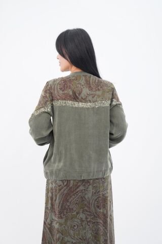 Payet Detaylı  Fermuarlı Ceket Etek Takım Haki - 40-48