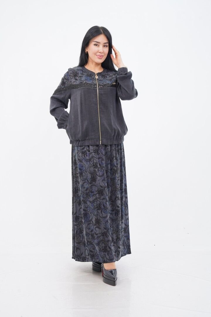 Patterned Sequin Strip Detailed Zippered Jacket and Skirt Set Navy Blue - 40-48