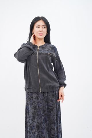 Patterned Sequin Strip Detailed Zippered Jacket and Skirt Set Navy Blue - 40-48