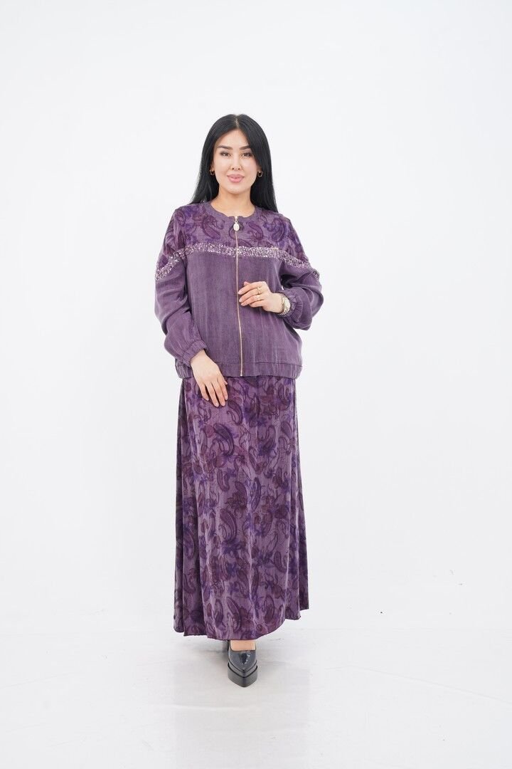 Payet Detaylı  Fermuarlı Ceket Etek Takım Mor - 40-48