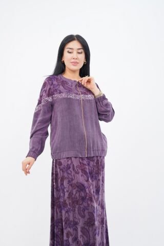 Payet Detaylı  Fermuarlı Ceket Etek Takım Mor - 40-48