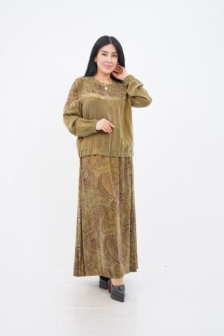 Payet Detaylı  Fermuarlı Ceket Etek Takım Yağ Yeşili - 40-48