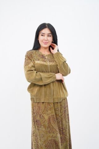 Payet Detaylı  Fermuarlı Ceket Etek Takım Yağ Yeşili - 40-48