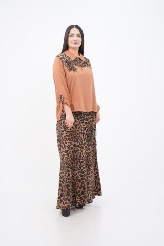 Leopar Desen Dantel Detaylı Bluz Ve Etek Takım