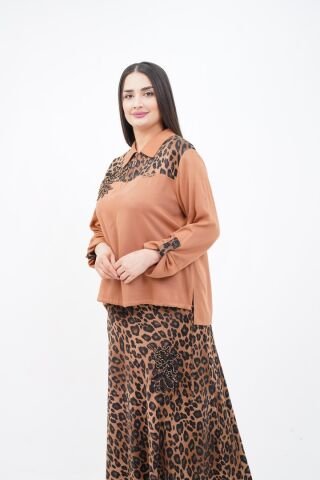 Leopar Desen Dantel Detaylı Bluz Ve Etek Takım