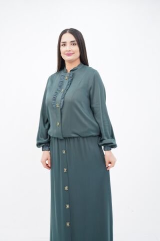 El Yapımı Boncuk İşlemeli Yakası Fırfırlı Ceket Etek Takım Haki - 40-48