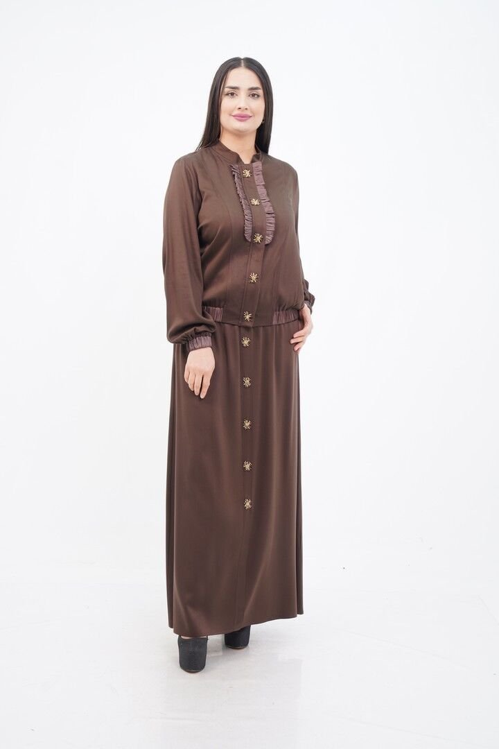 El Yapımı Boncuk İşlemeli Yakası Fırfırlı Ceket Etek Takım Kahve - 40-48