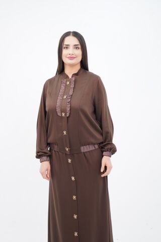 El Yapımı Boncuk İşlemeli Yakası Fırfırlı Ceket Etek Takım Kahve - 40-48