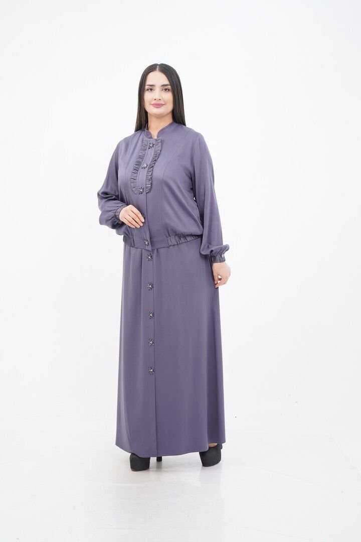El Yapımı Boncuk İşlemeli Yakası Fırfırlı Ceket Etek Takım Mor - 40-48