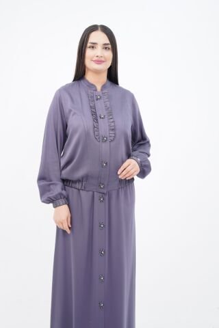 El Yapımı Boncuk İşlemeli Yakası Fırfırlı Ceket Etek Takım Mor - 40-48