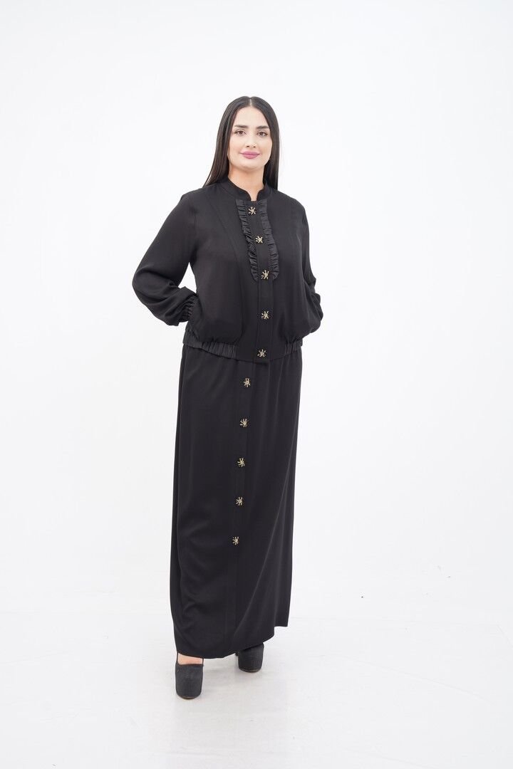 El Yapımı Boncuk İşlemeli Yakası Fırfırlı Ceket Etek Takım Siyah - 40-48