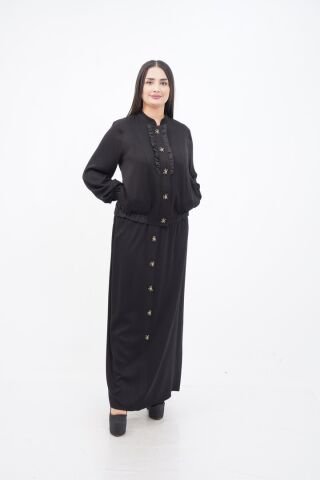 El Yapımı Boncuk İşlemeli Yakası Fırfırlı Ceket Etek Takım Siyah - 40-48