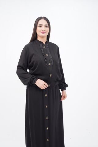 El Yapımı Boncuk İşlemeli Yakası Fırfırlı Ceket Etek Takım Siyah - 40-48