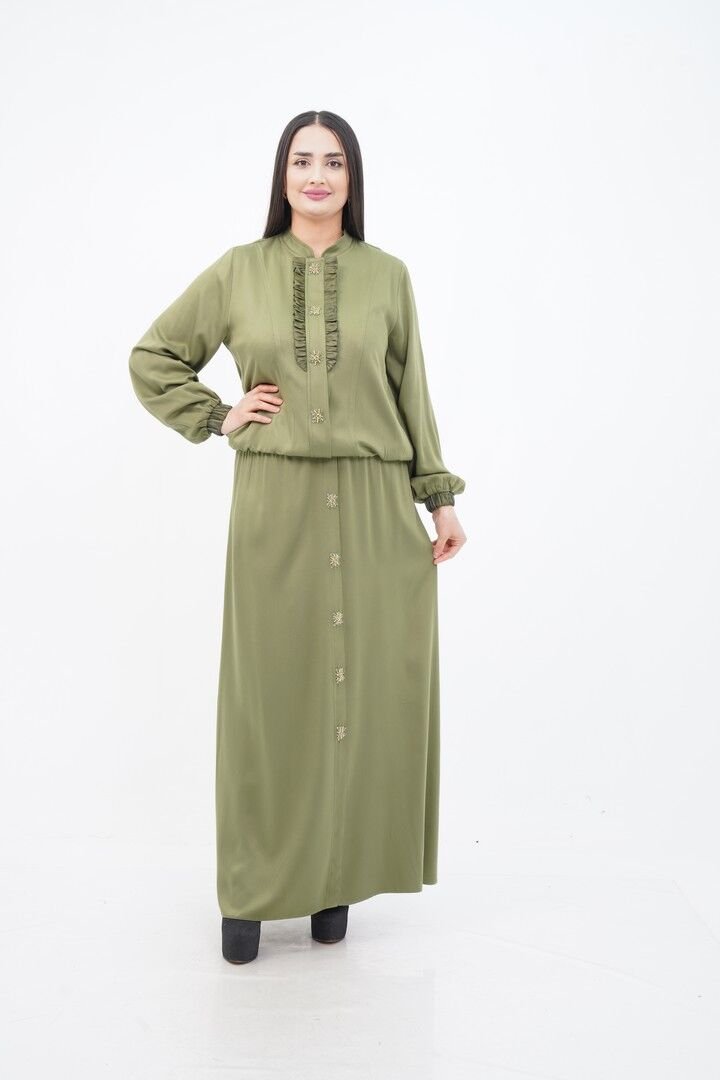 Double Jacket and Skirt Set with Button and Bead Details, Frilled Waist and Elastic Sleeve Tips
