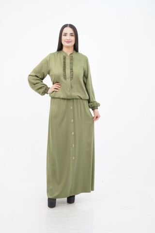 El Yapımı Boncuk İşlemeli Yakası Fırfırlı Ceket Etek Takım Yağ Yeşili - 40-48