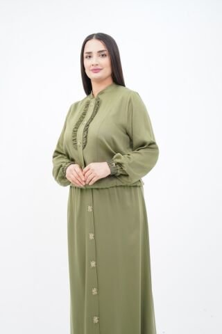 El Yapımı Boncuk İşlemeli Yakası Fırfırlı Ceket Etek Takım Yağ Yeşili - 40-48