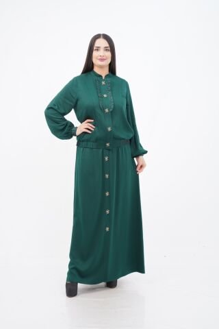 El Yapımı Boncuk İşlemeli Yakası Fırfırlı Ceket Etek Takım Zümrüt - 40-48