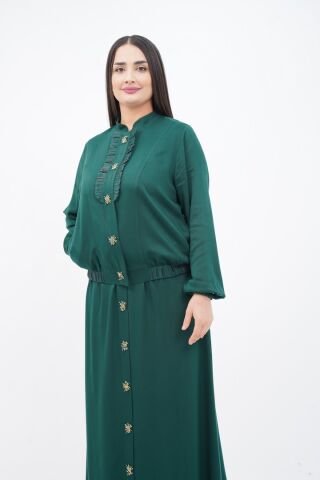 El Yapımı Boncuk İşlemeli Yakası Fırfırlı Ceket Etek Takım Zümrüt - 40-48