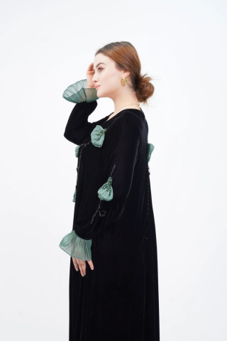 El Yapımı Süslemeli Aplike Elbise Siyah Mint - 40-48