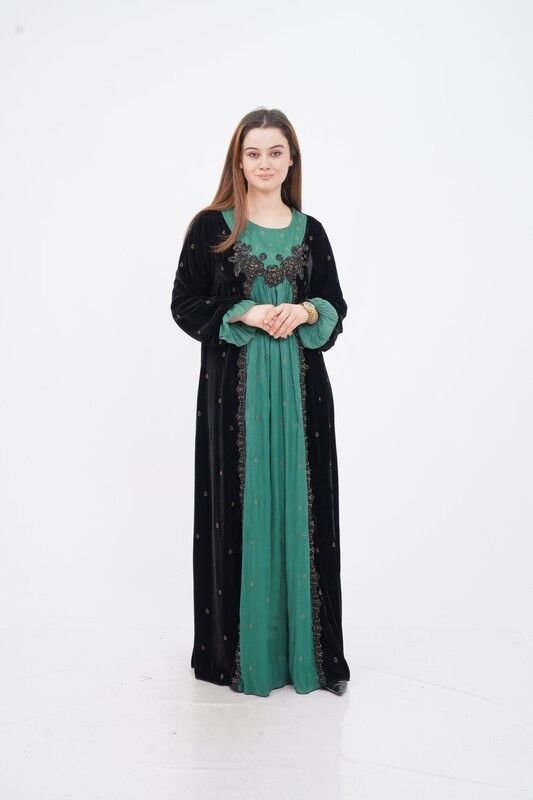 Dantel Aplike Detaylı Taşlı Elbise Siyah Yeşil - 40-48