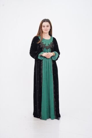 Dantel Aplike Detaylı Taşlı Elbise Siyah Yeşil - 40-48