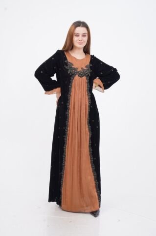 Dantel Aplike Detaylı Taşlı Elbise Siyah Camel - 40-48