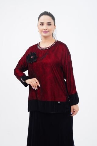 Çiçek Broşlu İpek Kadife Bluz Etek Takım Mürdüm - 40-48