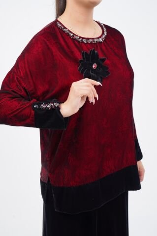 Çiçek Broşlu İpek Kadife Bluz Etek Takım Mürdüm - 40-48