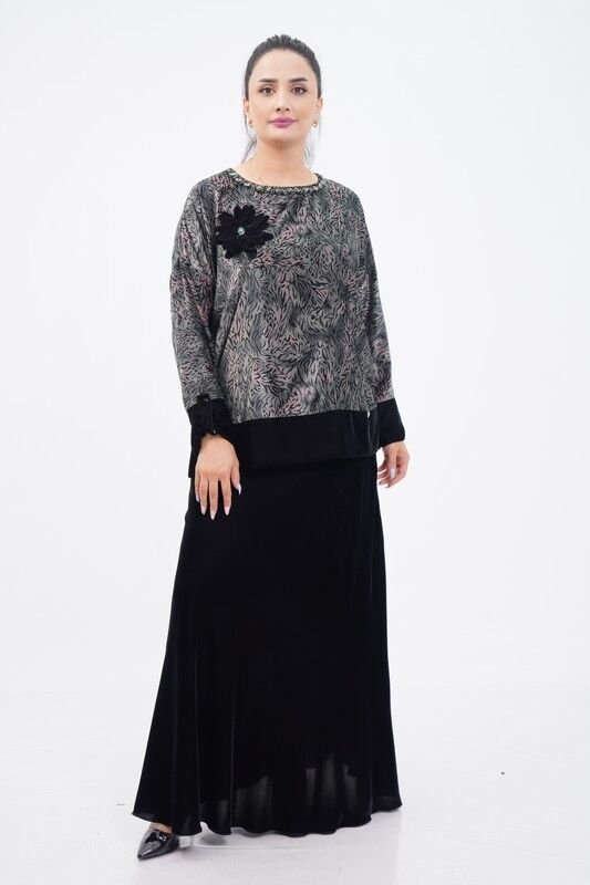 Çiçek Broşlu İpek Kadife Bluz Etek Takım Yeşil - 40-48