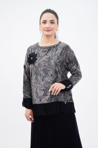 Çiçek Broşlu İpek Kadife Bluz Etek Takım Yeşil - 40-48