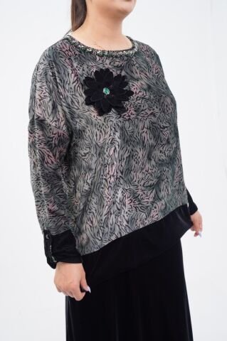 Çiçek Broşlu İpek Kadife Bluz Etek Takım Yeşil - 40-48