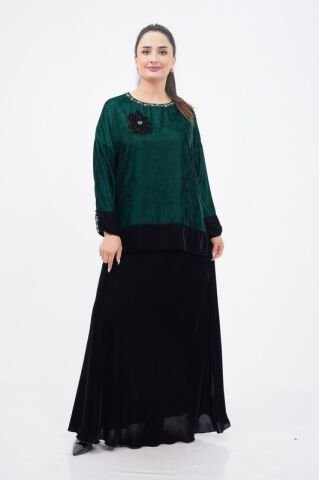 Çiçek Broşlu İpek Kadife Bluz Etek Takım Zümrüt - 40-48