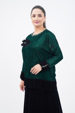 Çiçek Broşlu İpek Kadife Bluz Etek Takım Zümrüt - 40-48