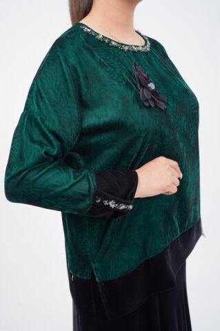 Çiçek Broşlu İpek Kadife Bluz Etek Takım Zümrüt - 40-48