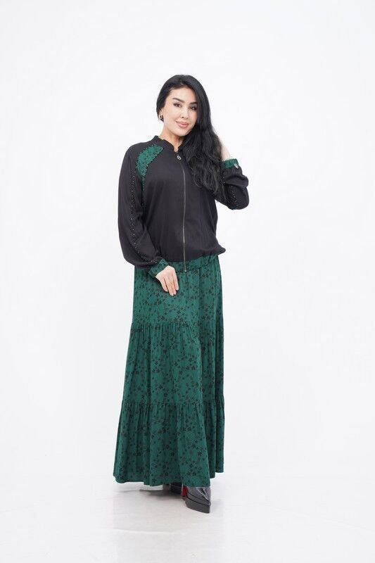 Çiçek Desen Ceket Etek Takım Siyah Zümrüt - 40-48