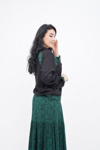 Çiçek Desen Ceket Etek Takım Siyah Zümrüt - 40-48