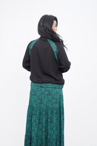 Çiçek Desen Ceket Etek Takım siyah petrol - 40-48