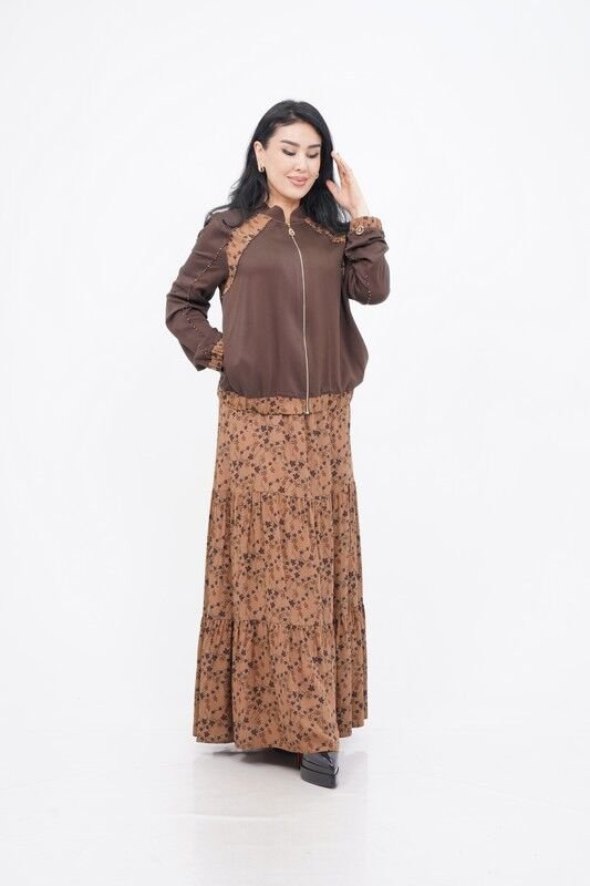 Çiçek Desen Ceket Etek Takım Camel Kahve - 40-48