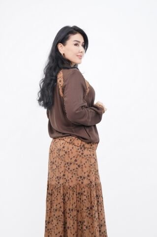 Çiçek Desen Ceket Etek Takım Camel Kahve - 40-48