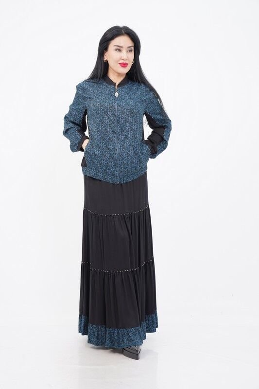 Desenli Fermuar Detay Ceket Etek Takım Mavi - 40-48