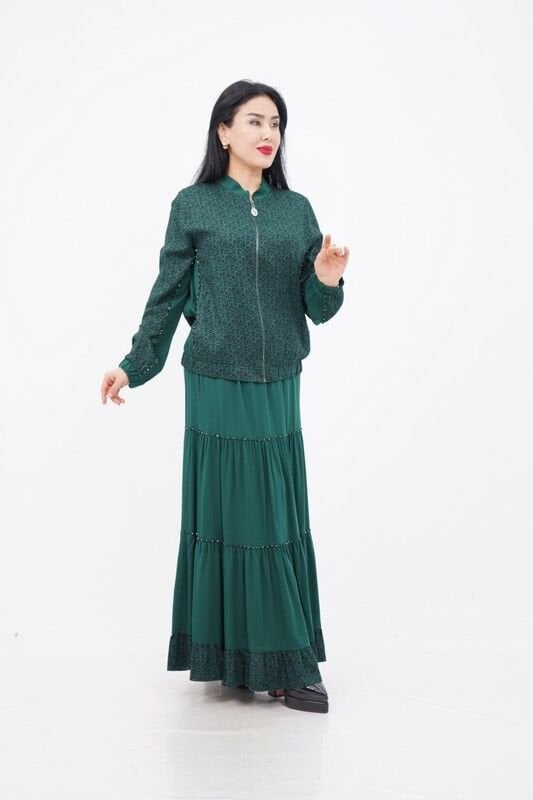 Desenli Fermuar Detay Ceket Etek Takım Zümrüt - 40-48
