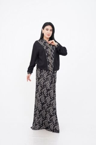 Fermuar Detay Desenli Boncuk İşlemeli Ceket Etek Takım Siyah Beyaz - 40-48