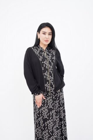 Fermuar Detay Desenli Boncuk İşlemeli Ceket Etek Takım Siyah Beyaz - 40-48