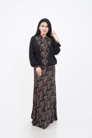 Fermuar Detay Desenli Boncuk İşlemeli Ceket Etek Takım Siyah Camel - 40-48