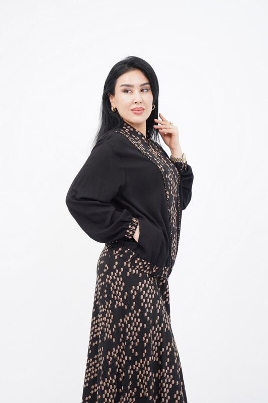 Fermuar Detay Desenli Boncuk İşlemeli Ceket Etek Takım Siyah Camel - 40-48